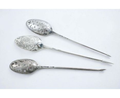 A GEORGE II MOTE SPOON pierced in the bowl with crosslets and scrolls, maker's mark only (struck twice), "IW" (script), Londo