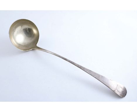 A GEORGE III SCOTTISH PROVINCIAL SOUP LADLE Old English pattern, crested, by John Leslie, Aberdeen (I.L, ABD) c.1800;  14.75"