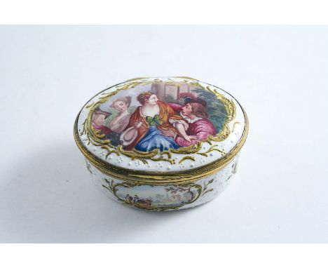 A STAFFORDSHIRE ENAMEL SNUFF BOX oval white, the cover painted with lovers, the sides with rural vignettes