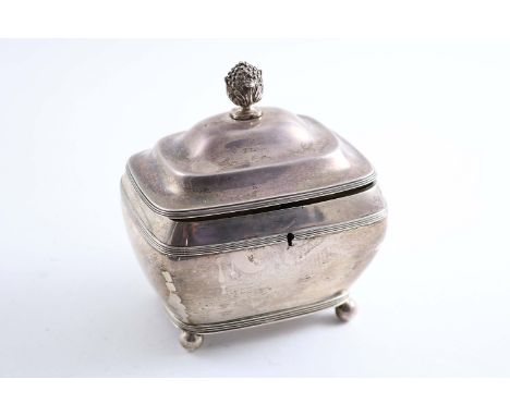 A 19TH CENTURY DUTCH TEA CADDY of rounded oblong form on ball feet, with reeded borders and a but finial, maker's mark "AB?",