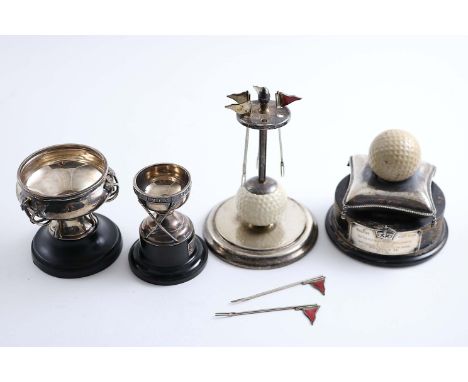 SMALL GOLFING TROPHIES:- A Dunlop Golf Ball Hole-in-One cup with plinth & inscribed plaque, by Elkington & Co., Birmingham 19