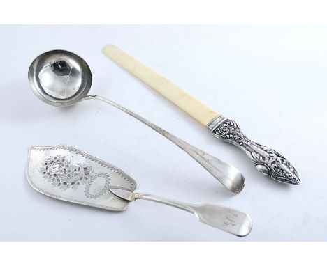 A GEORGE III OLD ENGLISH PATTERN SOUP LADLE by Richard Crossley, London 1789, a George IV Fiddle fish slice with a pierced an