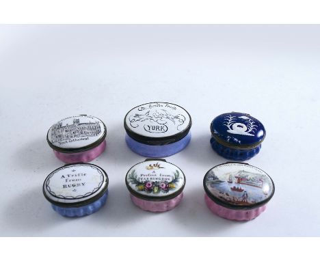 SIX ENAMEL PATCH BOXES with inscribed covers, including "A Present from Amersham", "A Present From Farringdon", "York Cathedr