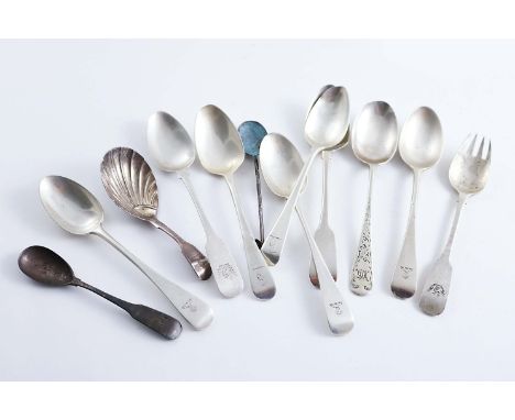 A MIXED LOT:- A Victorian Fiddle pattern caddy spoon, crested, by Mary Chawner & George Adams, London 1840*, nine various tea