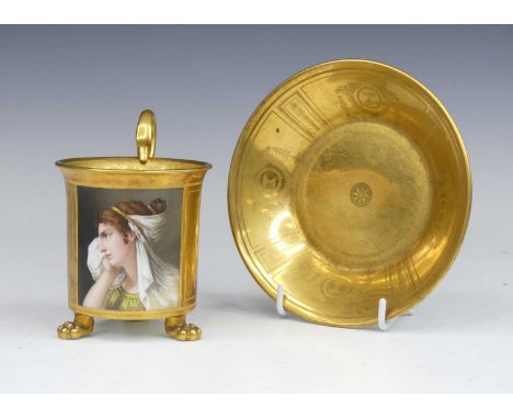 A continental porcelain chocolate cup and saucer, probably Vienna, 19th century, the cup decorated with a portrait of a lady 