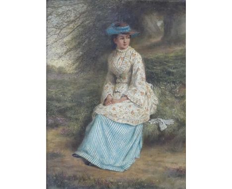 Late 19th century English school - full-length portrait of a young woman seated in a landscape, oil on canvas, indistinctly s