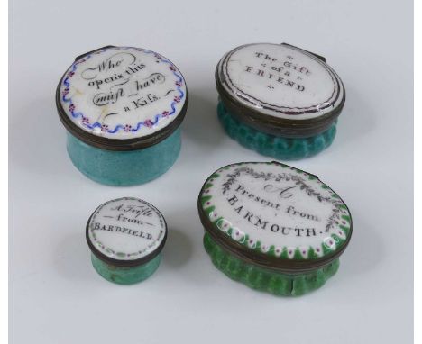 A South Staffordshire enamel patch box, late 18th century, of circular form, inscribed A trifle from Bardfield, dia.2.5cm, to