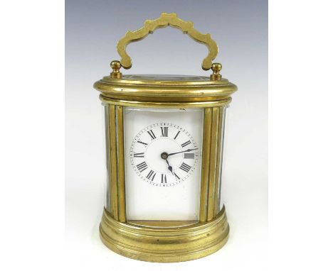Henri Jacot of Paris - a late 19th century French minuet barrel shaped carriage clock, having an unsigned white enamel Roman 
