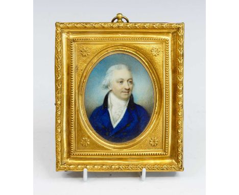 Attributed to Peter Paillou (circa 1745-1806), a head and shoulders portrait miniature of a gentleman, shown wearing a blue j