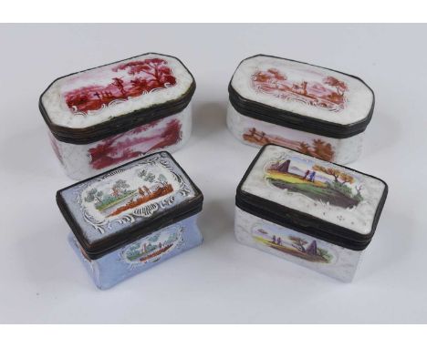 A pair of South Staffordshire enamel patch boxes, late 18th century, of rectangular form, each decorated with a landscape, w.