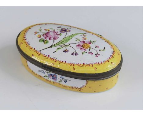 A South Staffordshire enamel patch box, late 18th century, the lid decorated with a floral spray cartouche upon a yellow grou