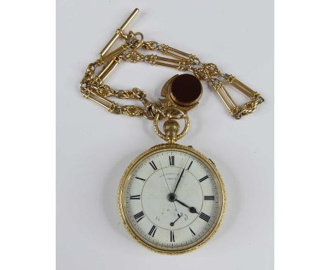 Thomas Russell &amp; Son of Liverpool, a gent's 18ct gold cased pocket chronograph watch, having a signed white enamel Roman 