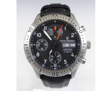 A gent's Revue Thommen steel cased Airspeed automatic chronometer, having a signed black day/date dial with triple subsidiary