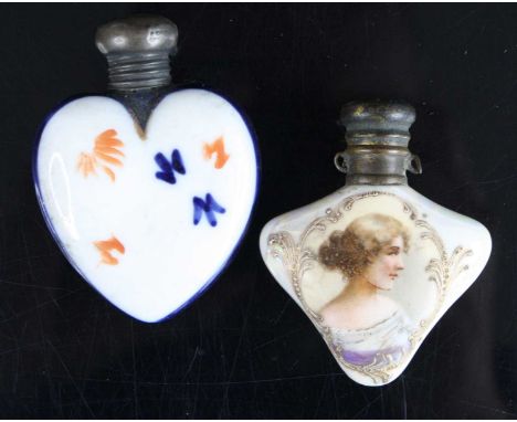 An Edwardian porcelain scent bottle, of flattened heart shape with a silver screw cap, A Bromet &amp; Co, Birmingham, 1902, h