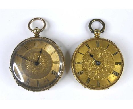 A Swiss 18ct gold cased gent's pocket watch, having engine turned and engraved case, gilded Roman dial, gilt metal dust cover