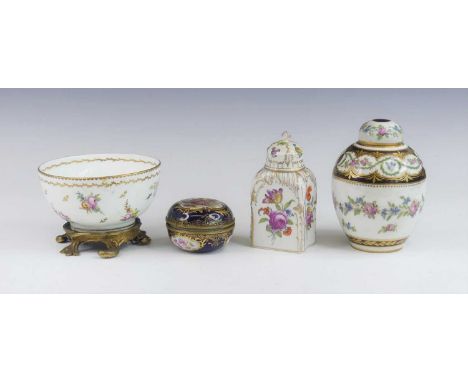 A collection of continental porcelain, 19th century, to include a tea caddy, enamel decorated with flowers, h.13cm, together 