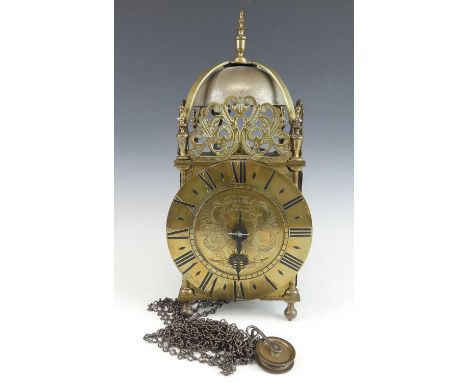 Joseph Hall of Pickleherring Quay, London - a brass lantern clock, the frame with tall straps and bell over typical scroll sp