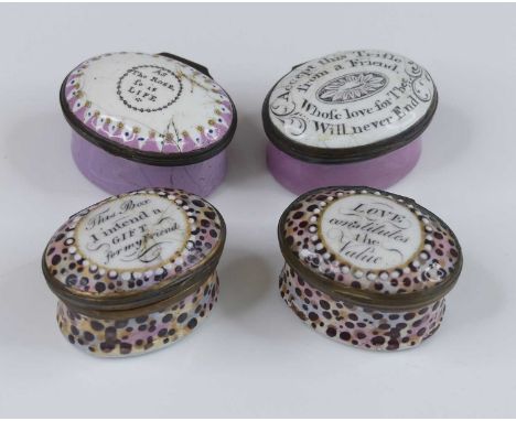 A pair of South Staffordshire enamel patch boxes, late 18th century, each of oval form, inscribed Love constitutes the value 