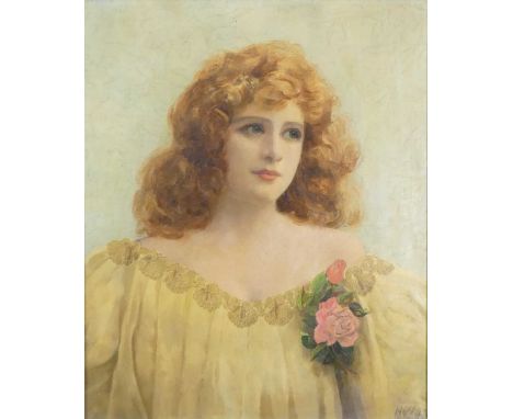H. Vincent - half-length portrait of a young woman wearing a rose buttonhole, oil on canvas, signed with monogram lower right