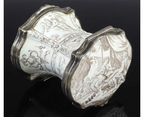 An enamel and white metal double-ended snuff box, probably Dutch or German, mid-18th century, of waisted form, decorated with