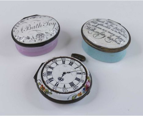 A South Staffordshire enamel patch box, late 18th century, of oval form, the lid inscribed A Bath Joy, w.4cm, together with a