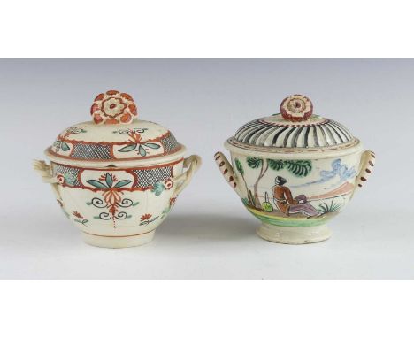 A Leeds creamware sucrier, circa 1770, the lid with flower finial, polychrome enamel decorated with a seated figure, w.10cm, 