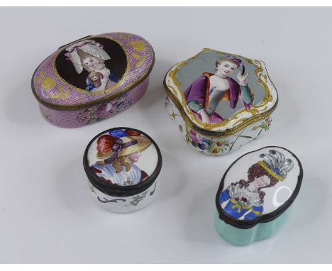 A South Staffordshire enamel patch box, late 18th century, the lid decorated with a portrait of a girl, w.7.5cm, together wit