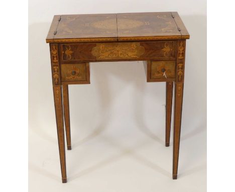 A 19th century rosewood and marquetry inlaid dressing table, the hinged top opening to reveal an easel mirror with bevelled p