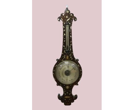 A Victorian rosewood and mother of pearl inlaid two-dial wheel barometer, having unsigned silvered thermometer and main dials