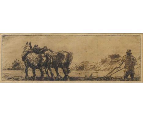Harry Becker (1865-1928) - Ploughing scene, etching, 10 x 30cmPaper good, no creases.Not stuck down.The whole with brown disc