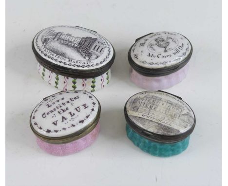 A South Staffordshire enamel patch box, late 18th century, of oval form, the lid inscribed A trifle from Margate, w.5.5cm, to