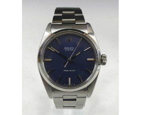 A gent's Rolex Oyster Precision stainless steel manual wind bracelet watch, ref:6426, circa 1985, having signed blue dial wit