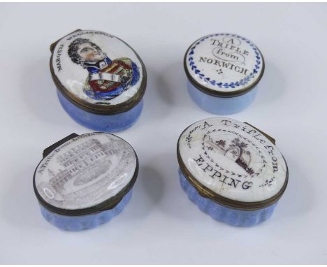 A South Staffordshire enamel patch box, late 18th century, of circular form, inscribed A trifle from Norwich, dia.3cm, togeth