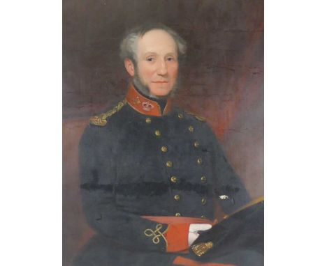 19th century English school - Pair; half-length portrait of a naval officer in uniform and his wife, oil on canvas, 89 x 68cm