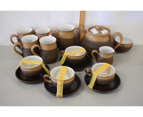 Group of ceramics, Denby ware with brown and stippled pattern comprising teapot, milk jug, sugar bowl, four cups, saucers and