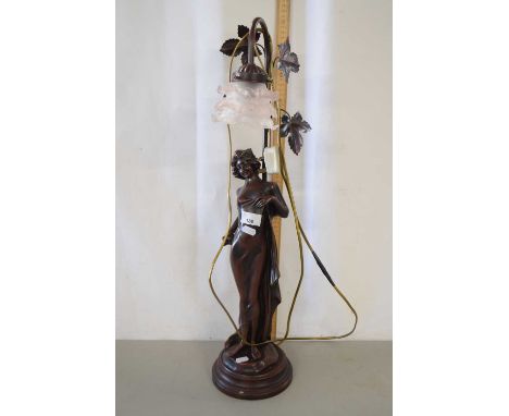 An Art Nouveau style lamp comprising a maiden in Art Nouveau style on circular base with glass shade