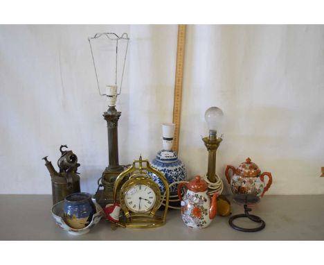 Group of ceramics and other items including a blue and white table lamp, a metal lamp with corinthian column, two Japanese po