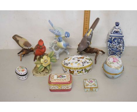 Mixed Lot: Various porcelain trinket boxes, model birds and other items