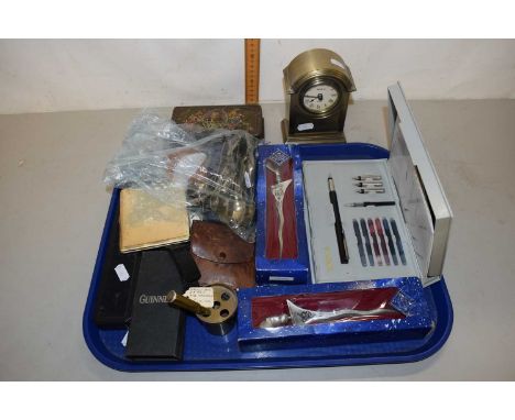 Mixed Lot: Vintage pocket watch, various cutlery, small mantel clock, Parker Caligraphy set and other items