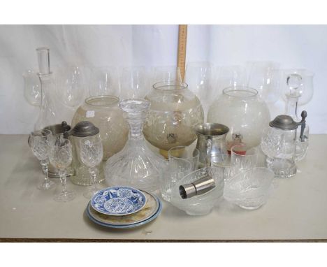 Mixed Lot: Various drinking glasses, glass light shades, decanters etc