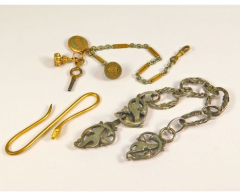 CLOAK CLASP ETC.An Art Nouveau cast silver cloak clasp, a gilt metal serpent hook & a metal watch chain hung a watch key, a l