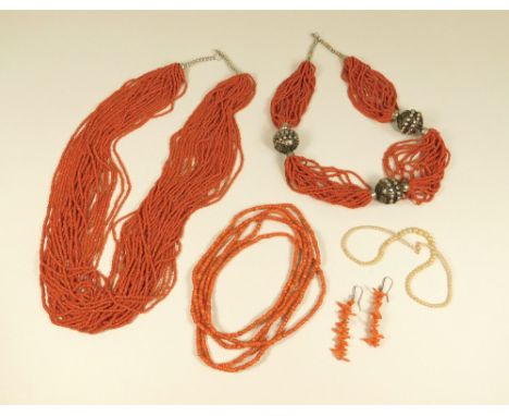 CORAL ETC.A long single string of coral beads, a pair of stick coral earrings & modern costume jewellery.