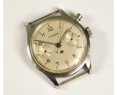 LEMANIA. A Royal Navy issue, single button Lemania chronograph wristwatch in stainless steel. The dial with Arabic numerals, 
