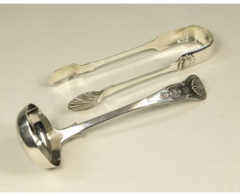 SCOTTISH SILVER.A Victorian King's pattern toddy ladle, Edinburgh 1845 & a pair of Scottish silver, fiddle & shell pattern su