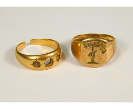 SIGNET RING ETC. A lady's 9ct. gold signet ring (M), approx. 4.9g &amp; an 18ct. gold scrap gold ring approx. 4.4g