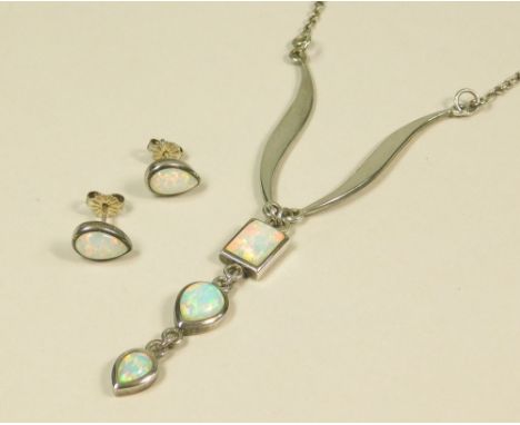 COSTUME JEWELLERY. A silver &amp; synthetic opal drop necklace &amp; a pair of matching earrings.