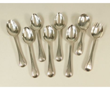 FLATWARE. A set of six Victorian teaspoons, crested &amp; a similar caddy spoon &amp; small serving fork. Approx. 230g. 8oz.