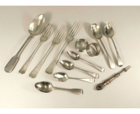 FLATWARE ETC.A quantity of silver flatware, a small dessert fork with filled silver handle & two silver napkin rings. Total w