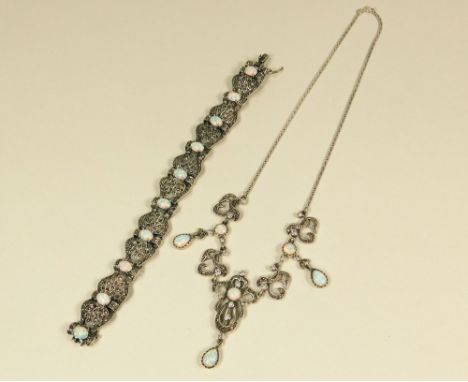 MARCASITE. A modern silver, marcasite &amp; synthetic opal bracelet &amp; a similar necklace.