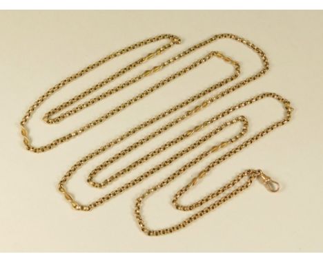 LONGUARD CHAIN. A 9ct. gold longuard belcher chain, interspersed with twist batons. Approx. 20g.